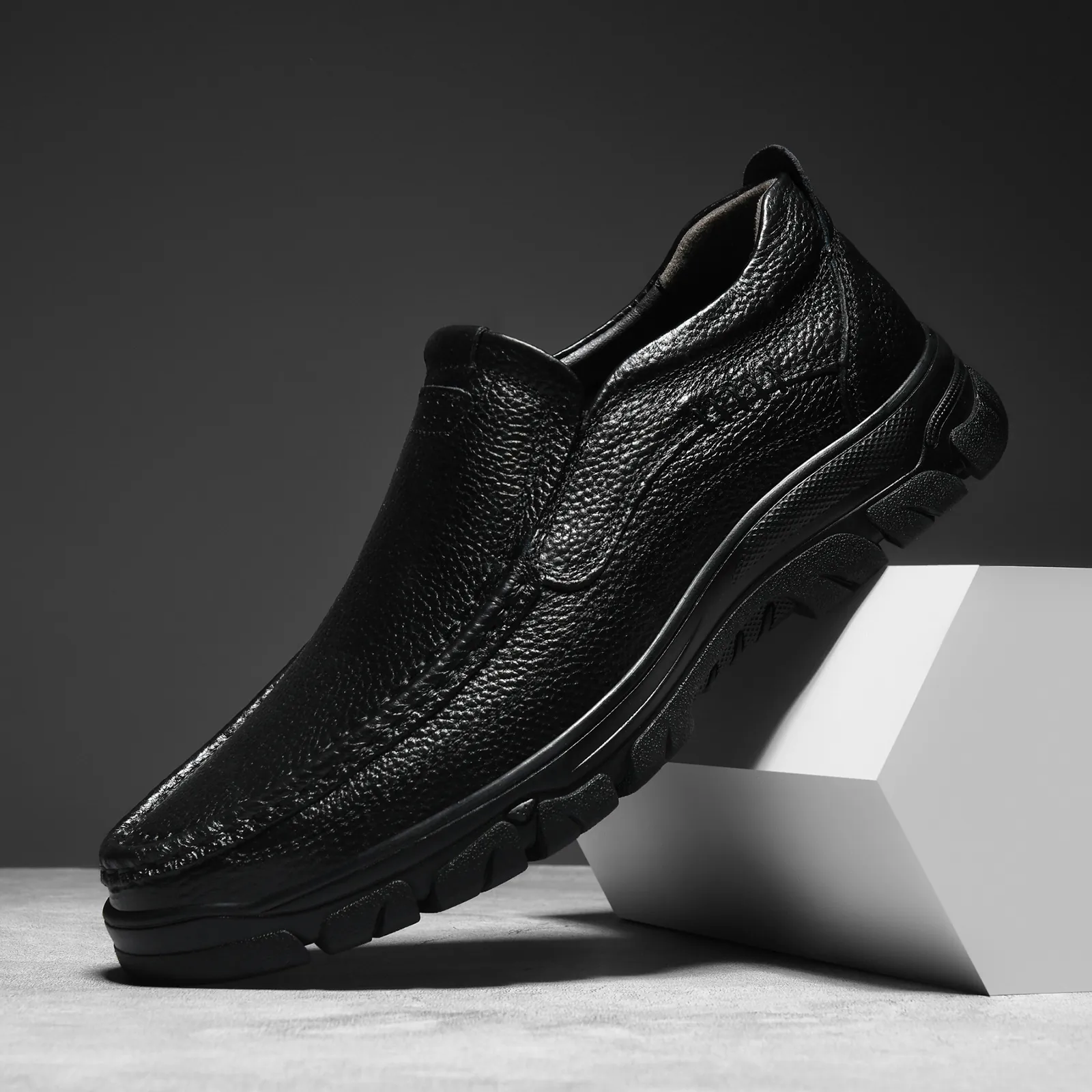 Chaussures Décontractées en Cuir pour Hommes Noir Cuir de Vachette Affaires Formelles Semelle Épaisse Caoutchouc Outdoor