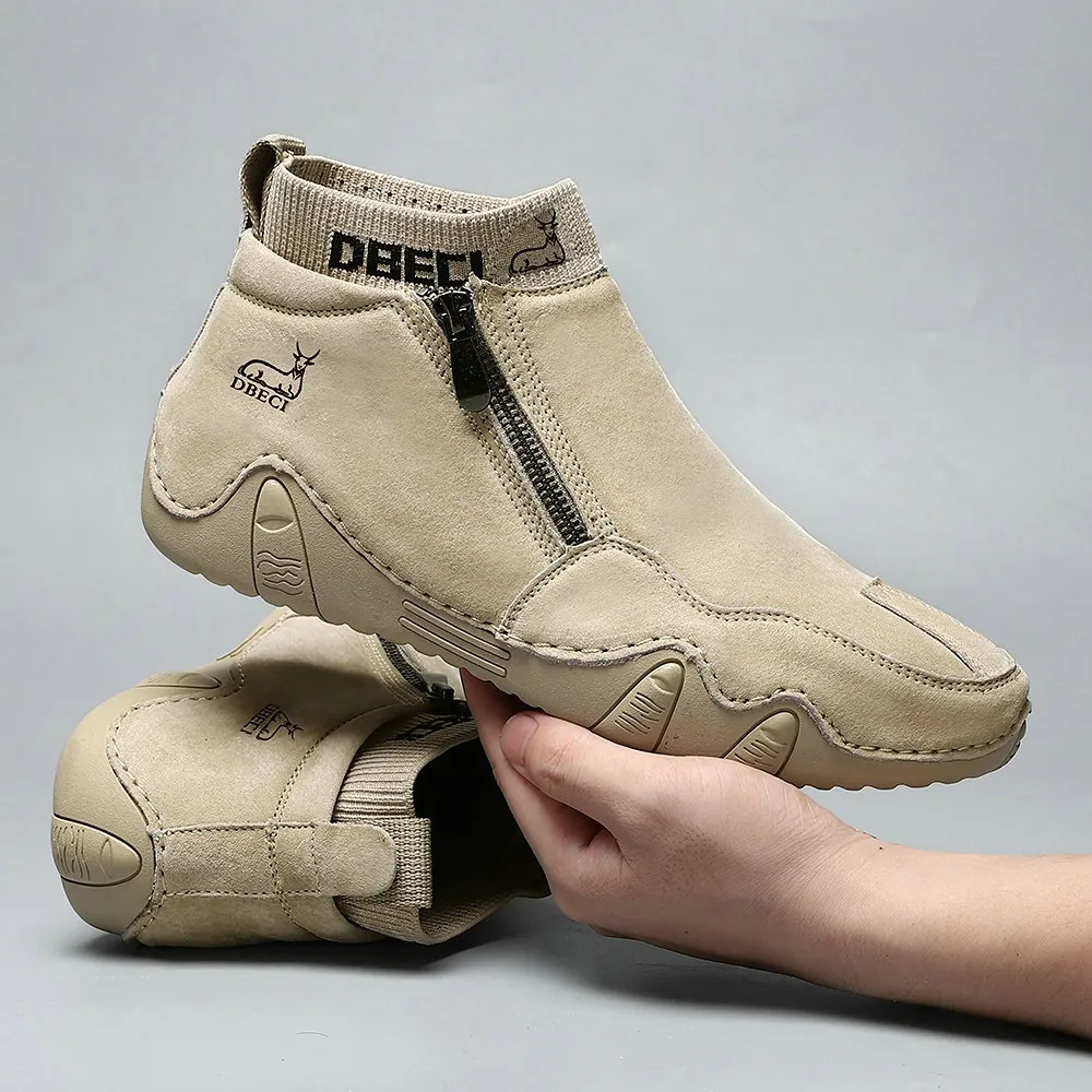 Bottines Martin Rétro pour Hommes Chaussures Décontractées de Plein Air en Cuir Véritable Antidérapantes avec Fermeture Éclair Latérale et Col en Tricot