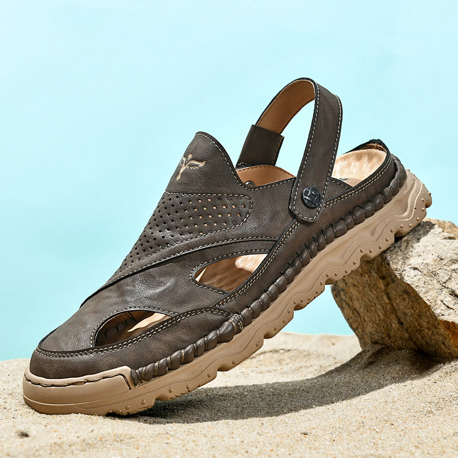 Sandali Outdoor da Uomo in Pelle Bovina Punta Chiusa Traspirante Scarpe da Spiaggia Casual Cachi Nero Antiscivolo