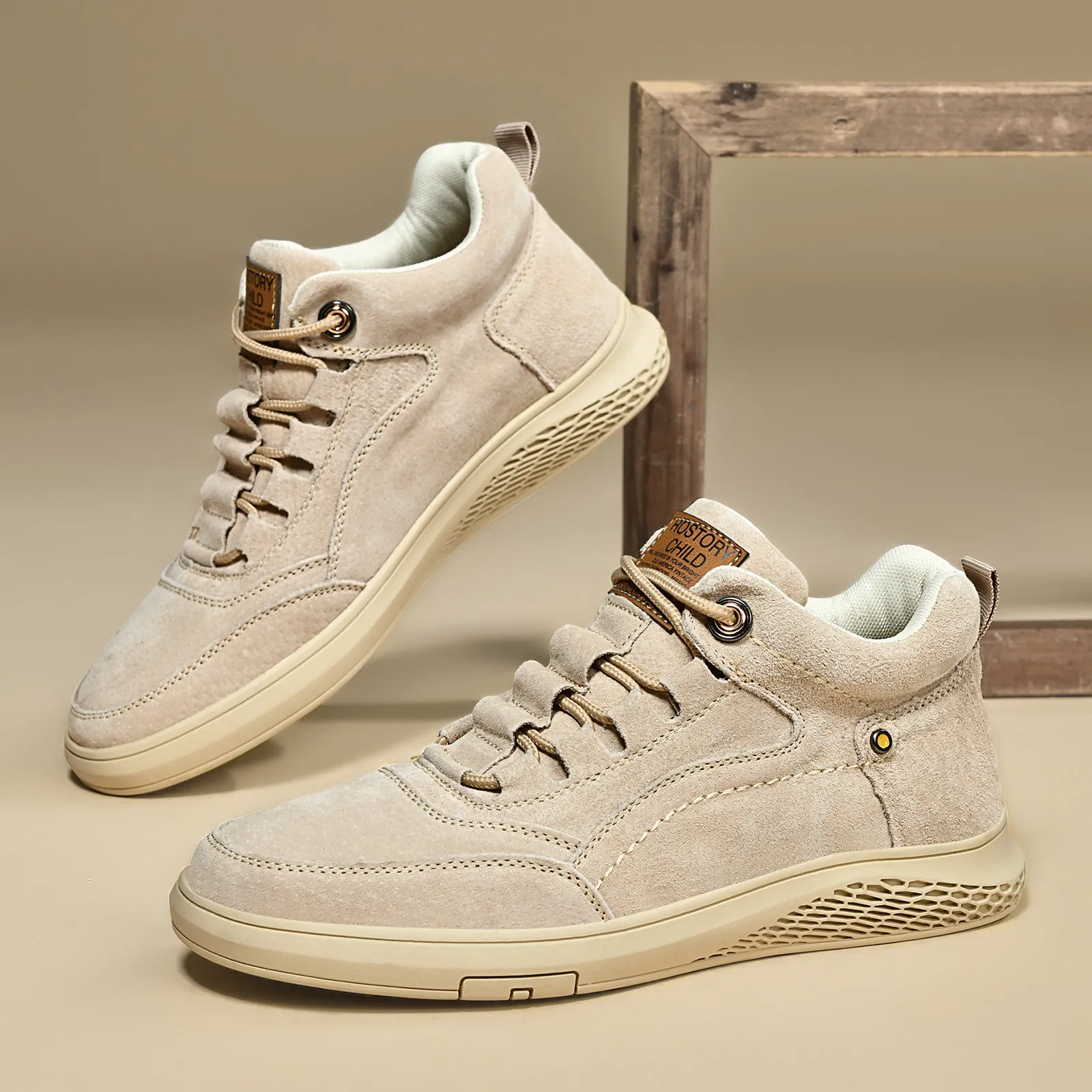 Men's High-Top Leisure Board Shoes Bovine Split Leather Breathable Retro Workwear Outdoor Fashion Sneakers For Men