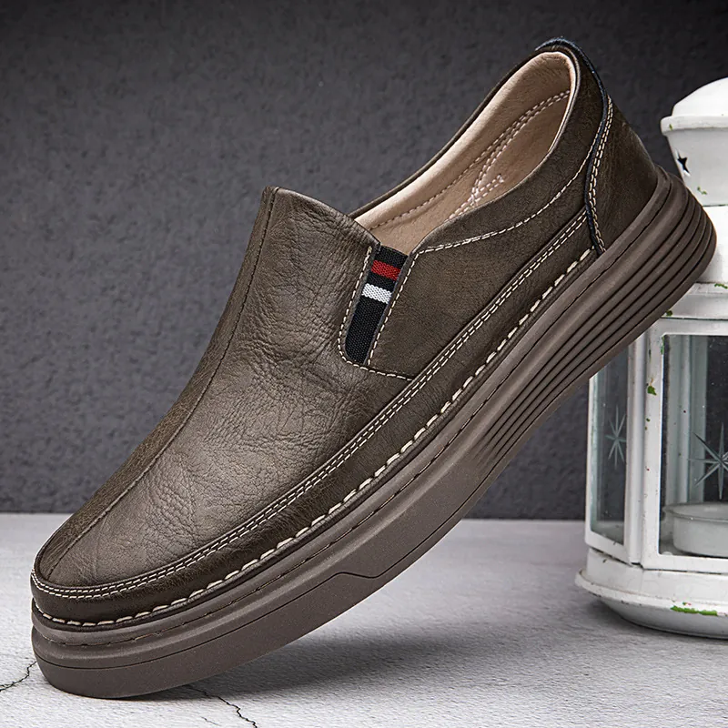Men Casual Leather Loafers Slip On Board Shoes With Split Cowhide Upper Rubber Sole Breathable British Style Walking Shoes