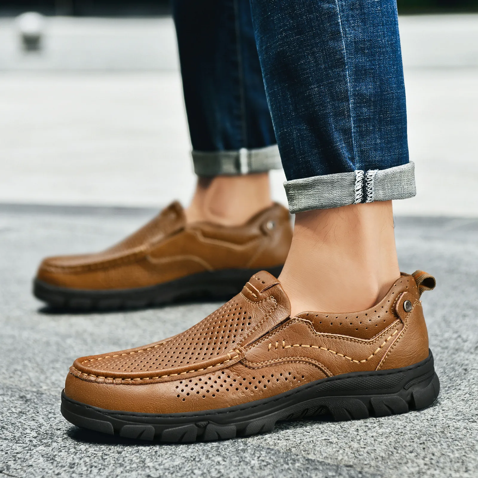 Heren Casual Runderleren Schoenen Geperforeerd Ademend Instappers Antislip Rubberen Zool Outdoor Zakelijke Vrijetijdsschoenen