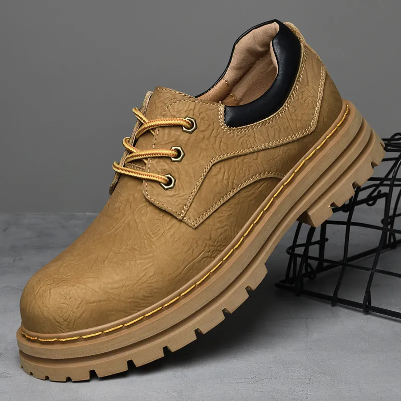 Men's Low-cut Cowhide Leather Work Shoes Outdoor Casual Sneakers Lace-up Thick Sole Fashion Martin Style Boots