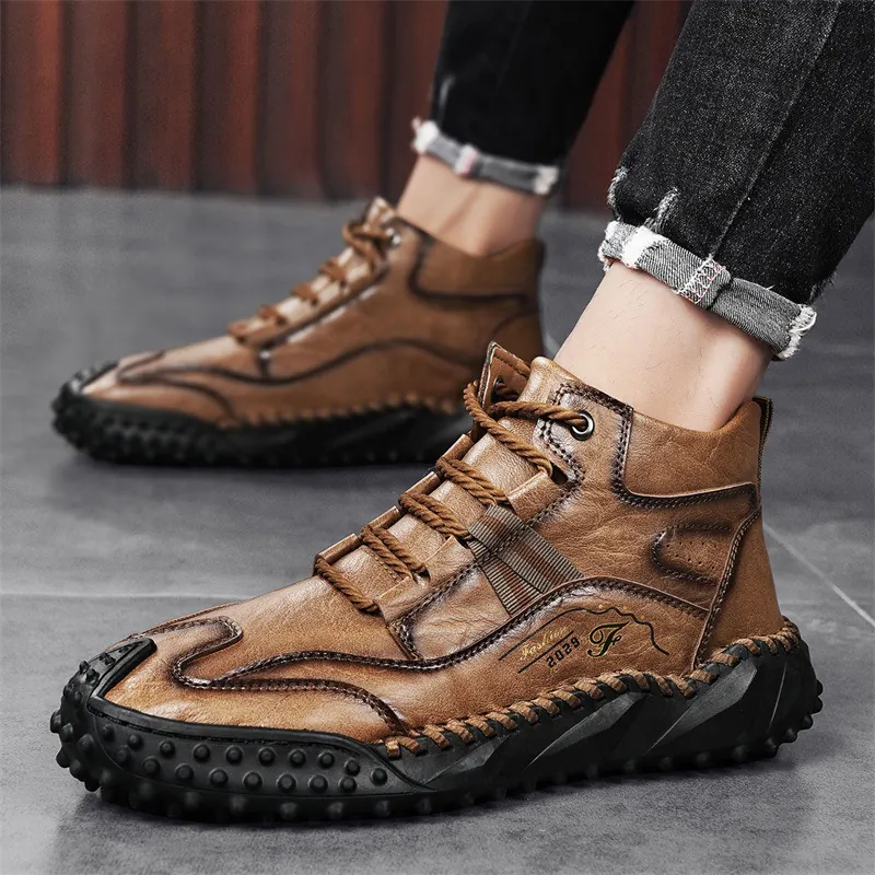Men Microfiber Leather Martin Boots Outdoor Casual Mid-Top Short Boots Fleece Lined Warm Winter Shoes Plus Size Sneakers