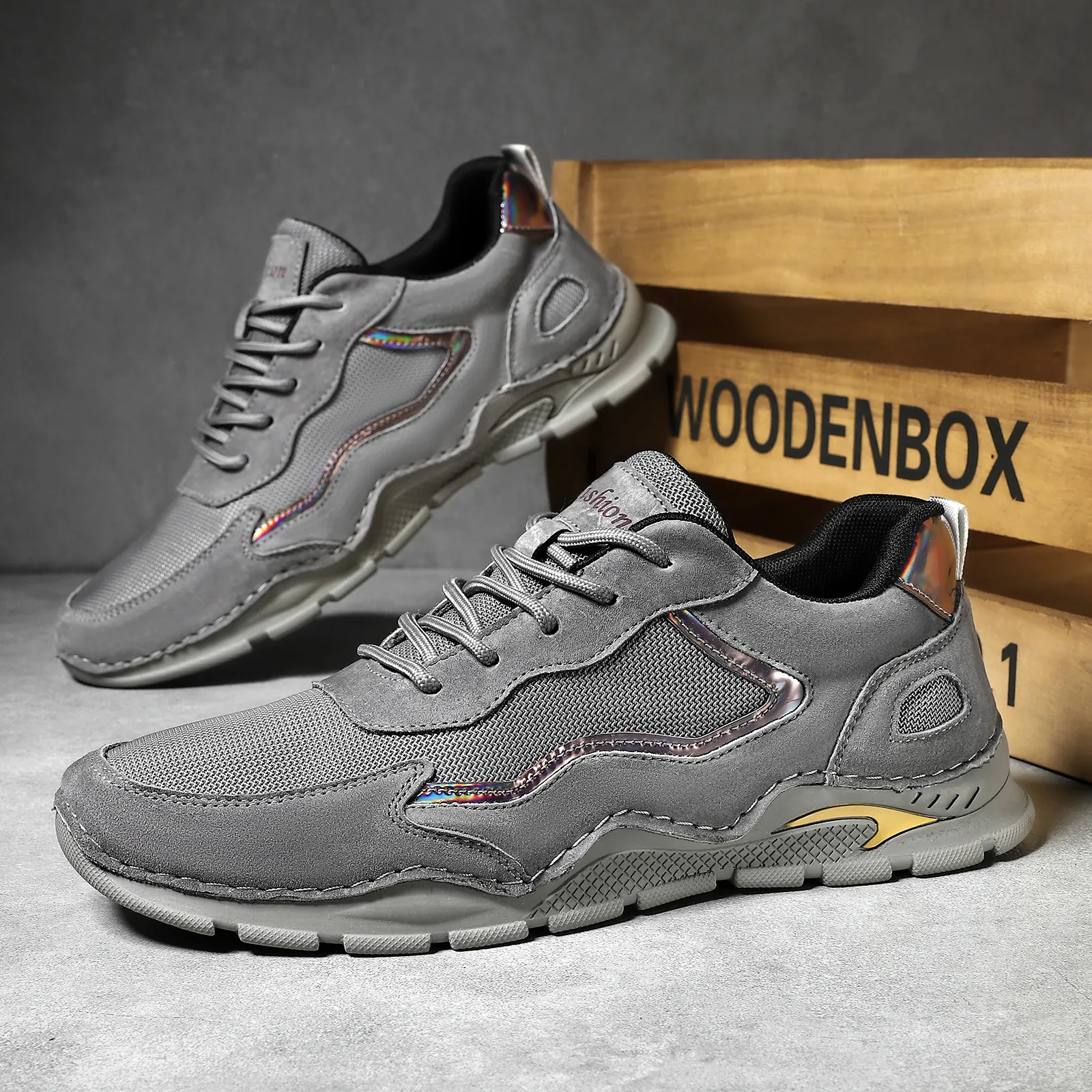 Men's Casual Outdoor Hiking Shoes First Layer Pigskin Leather Mesh Breathable Anti-Slip Thick Sole Fashion Sports Sneakers
