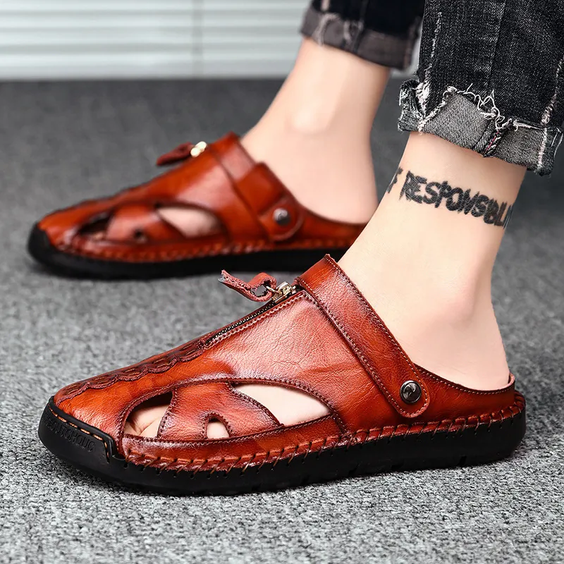 Sandalias Casuales de Cuero de Vaca para Hombre Transpirables Caladas Pantuflas de Doble Uso Con Suela de Caucho Zapatos de Playa de Verano