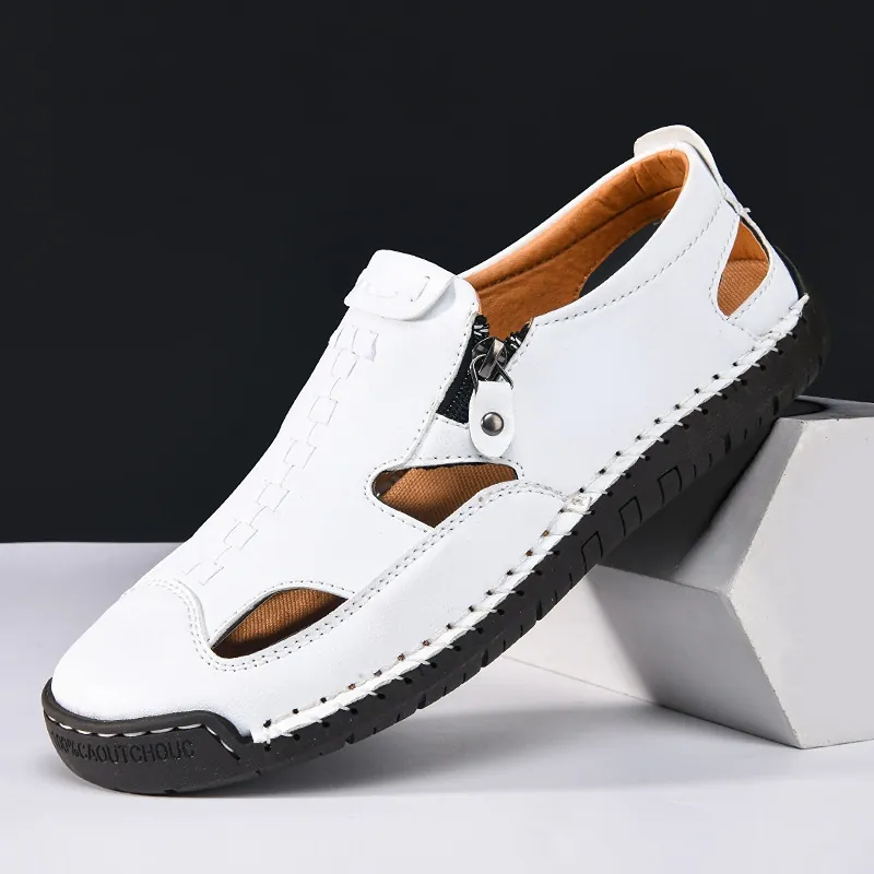 Ανδρικά Casual Σανδάλια από Δέρμα Microfiber Αναπνεύσιμα Κλειστά Παπούτσια Παραλίας Με Πλαϊνό Φερμουάρ Αντιολισθητική Σόλα Καλοκαιρινά