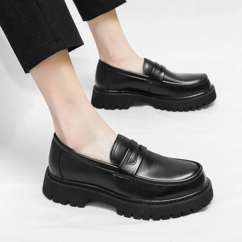 Men Black Platform Loafers British Style Glossy Matte Microfiber Leather Lug Sole Slip On Casual Formal Dress Shoes