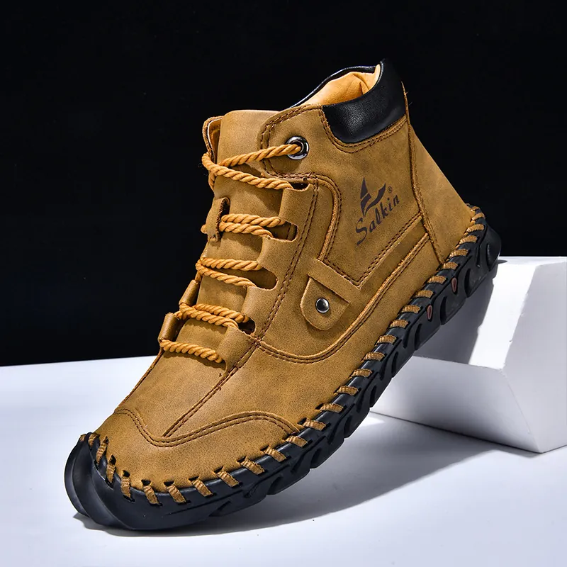 Men Fashion Patchwork PU Leather Ankle Boots Hand-stitched Flat Lace-up Casual Outdoor High-top Work Walking Boots