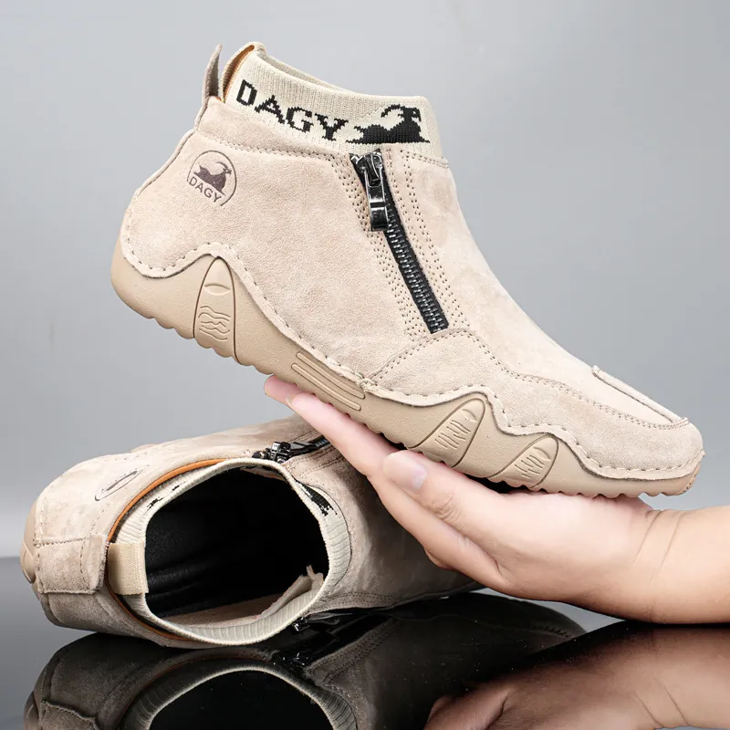 Herren Retro Martin Stiefel Echtes Leder Mikrofaser High Top Freizeitschuhe Seitenreißverschluss Elastischer Strick Knöchel Sockenstiefel Rutschfest Gummisohle Outdoor Schuhwerk