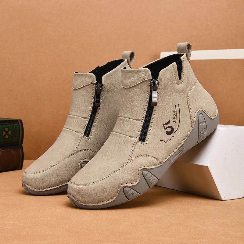 Women Casual Microfiber Leather Ankle Boots Hand Stitched Side Zipper Round Toe Flat Walking Shoes Vintage Design