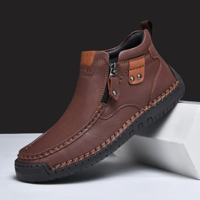 Stivaletti da Uomo Casual in Pelle Microfibra Cerniera Laterale Cuciti a Mano Outdoor Moda Suola in Gomma Antiscivolo Lavoro