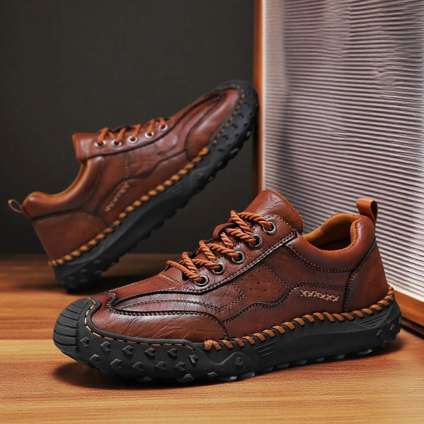Men's Outdoor Casual Microfiber Leather Shoes Hand-Stitched Slip-On Loafers Non-Slip Rubber Sole Flat Fashion Shoes For Men
