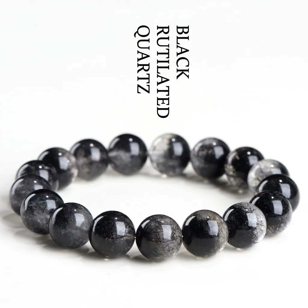 Pulsera de Cuarzo Rutilado Negro Natural para Hombres Mujeres Patrón de Cornucopia Cuenta Redonda Piedra de Energía Curativa Pulsera Elástica