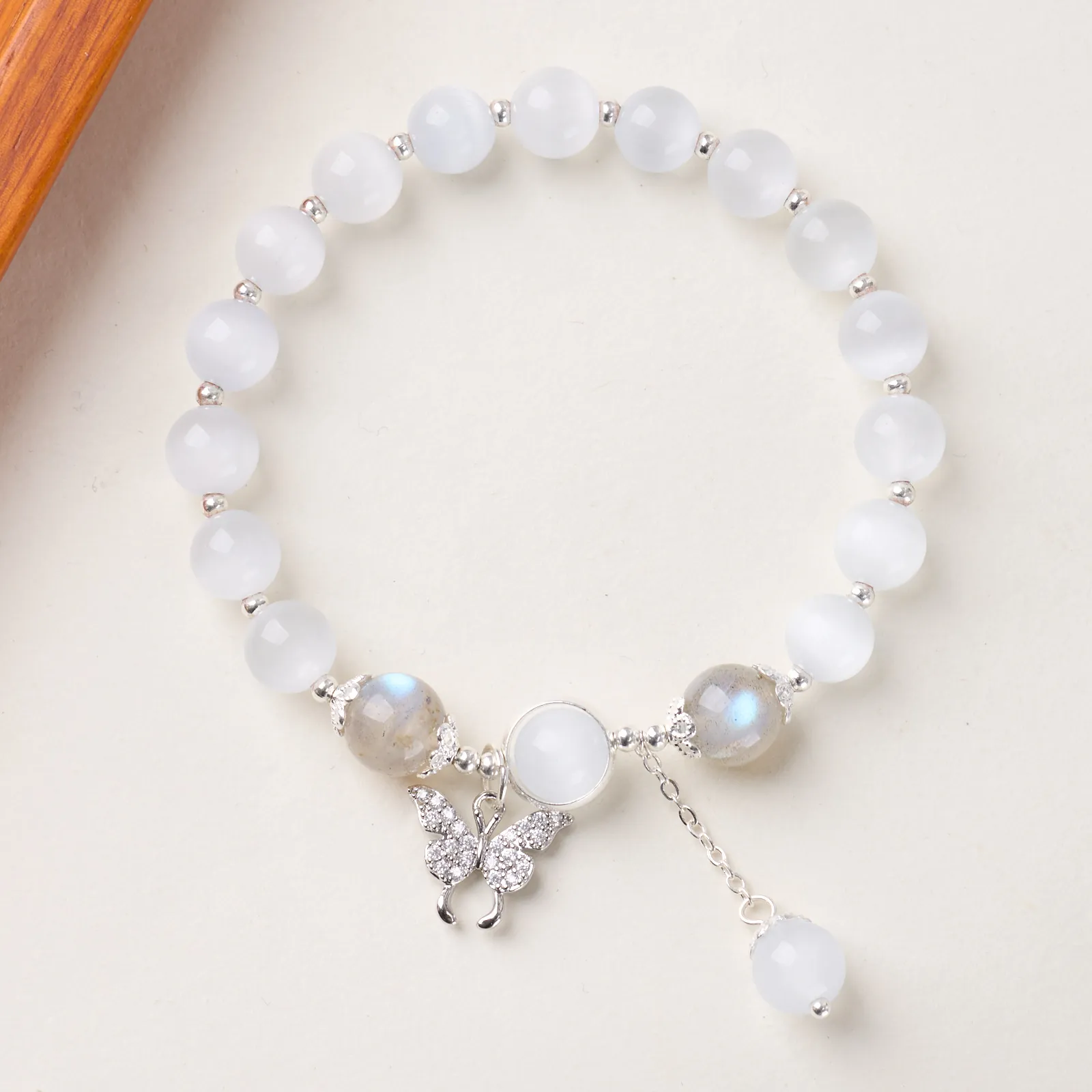 Bracelet Perlé Femme Oeil de Chat Zircon Papillon Quartz Fraise Pierre de Lune Argenté Bijoux Ethniques
