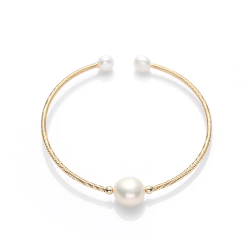 Natural Freshwater Pearl 14K Gold Filled Bangle Bracelet Handmade Adjustable Open Cuff Vintage Elegant Jewelry Gift For Women