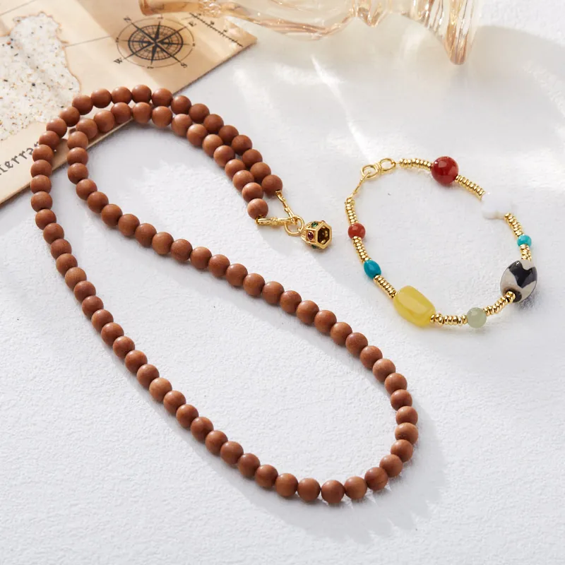 Ensemble Collier Et Bracelet Ethnique En Bois De Santal Agate Jade Turquoise Plaqué Or Pendentif Dzi Tibétain Trèfle Bijoux Vintage