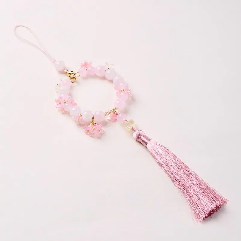 Pink Colored Glaze Flower Tassel Keychain Chinese Style Beaded Bag Charm Mobile Phone Pendant For Women Girls Gift