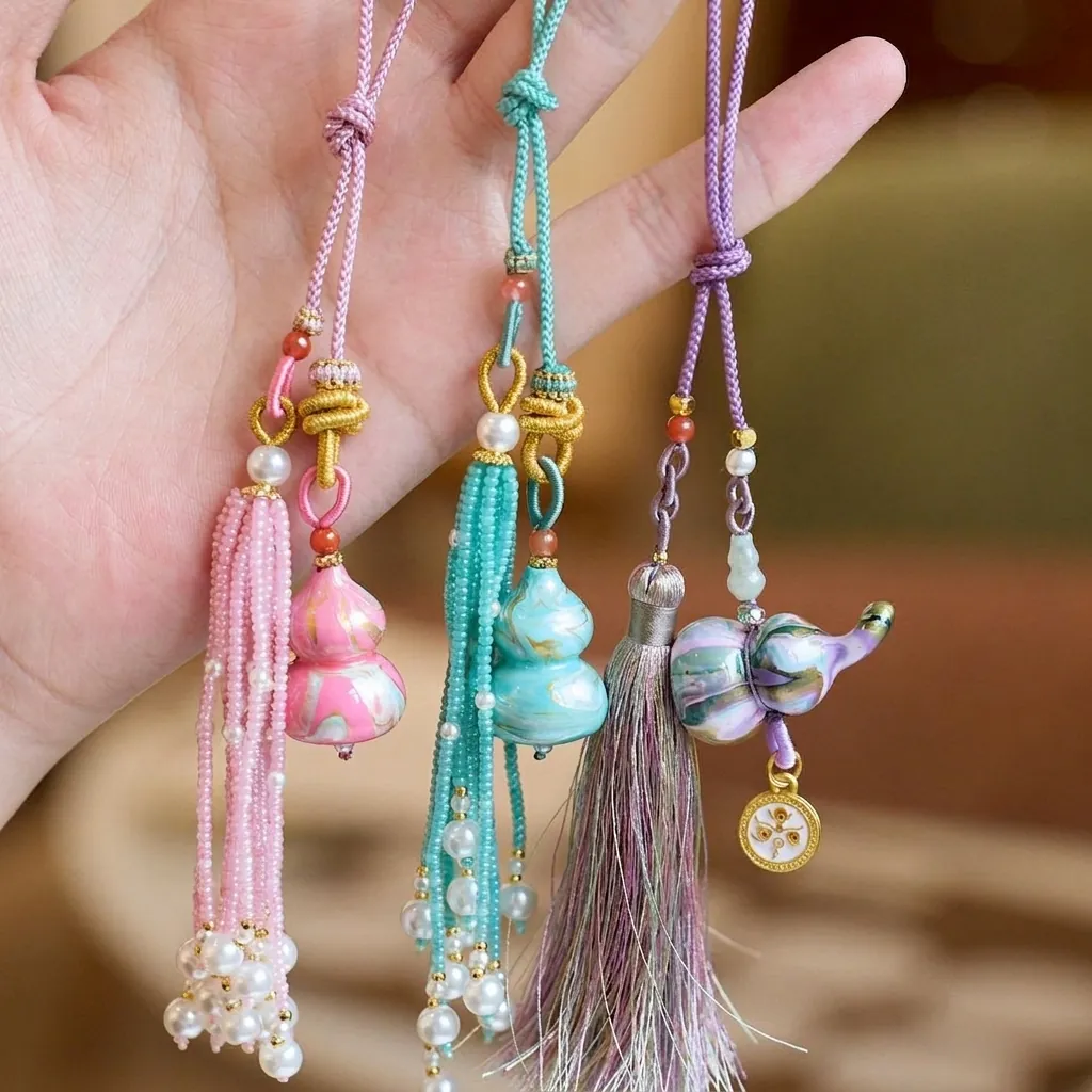 Pendentif Éléphant Calebasse en Laque de Style Chinois Avec Gland en Perles Ornement Suspendu pour Rétroviseur de Voiture Sac Accessoires Cadeau