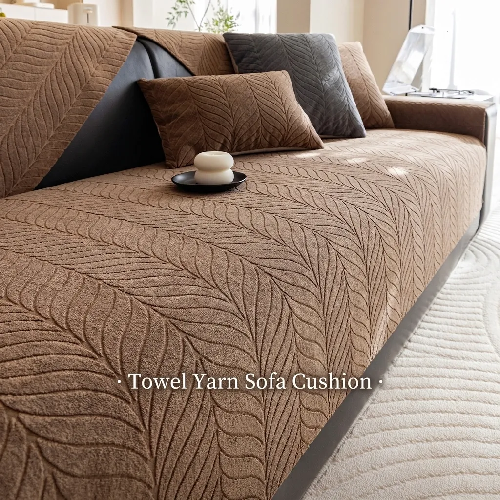 Modern Thickened Terry Yarn Sofa Cushion 3D Leaf Pattern Non-Slip Four Seasons Universal Sofa Cover For Living Room Decor