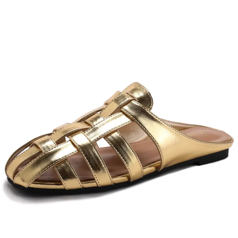 Mules de Punta Cerrada Tejidas de Estilo Francés para Mujer Dorado Negro Sandalias Romanas Planas Caladas Pantuflas de Cuero PU