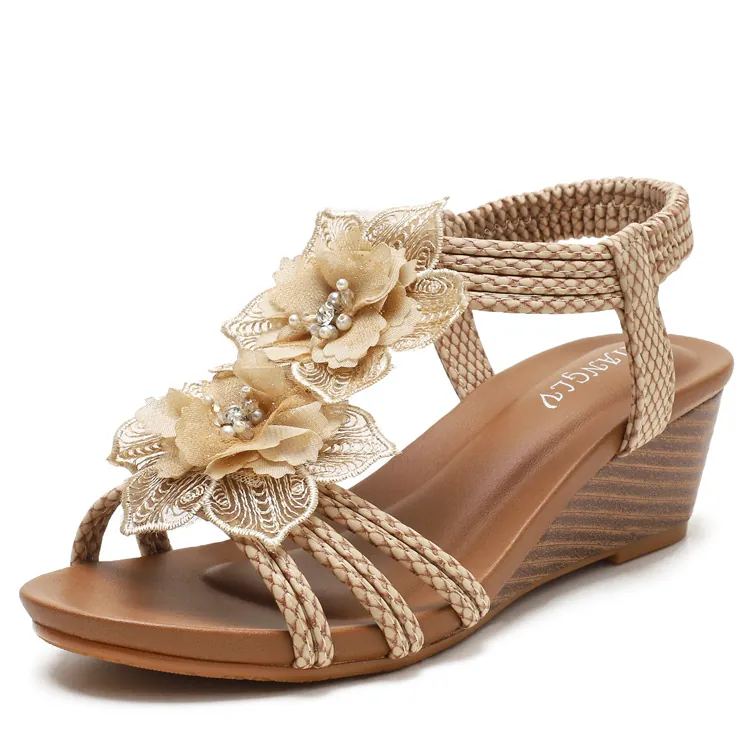 Damen Böhmische Keilsandaletten Spitzenblumen Römische Schuhe Strass Perlen Plateau Sommer Strand Lässige Sandalen