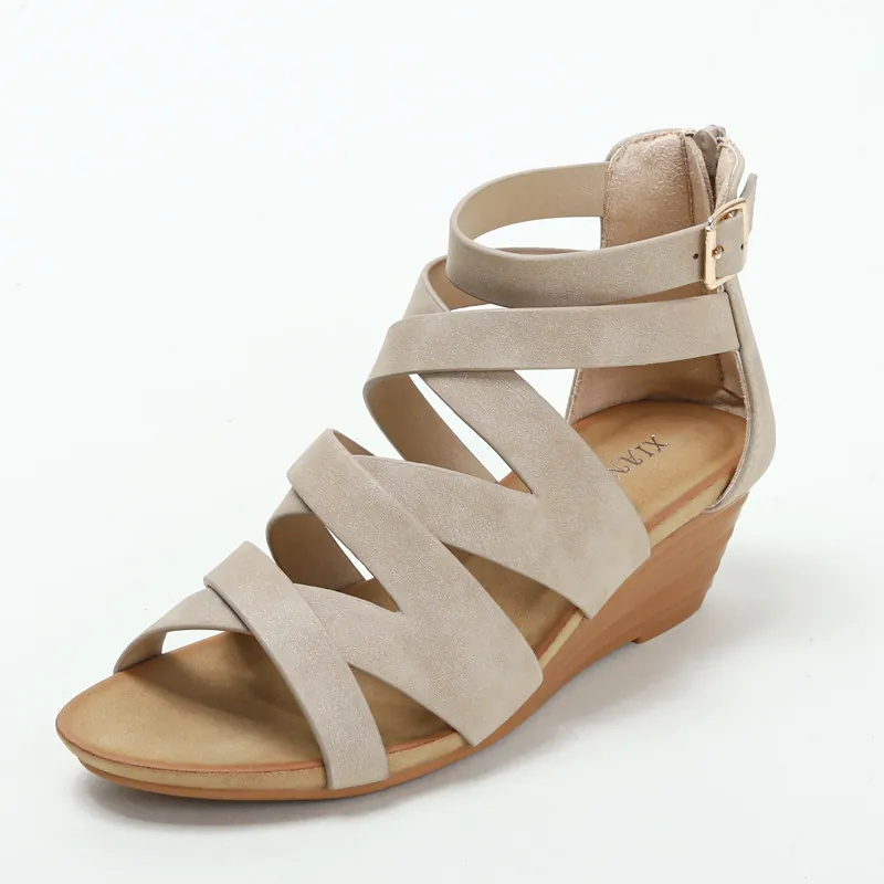 Women's Roman Wedge Sandals Microfiber Leather Cross Strap Back Zipper 5cm High Heel Platform Gladiator Summer Shoes