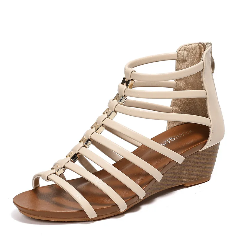 Women Bohemian Gladiator Wedge Sandals Roman Multi Strap Sandals With Back Zipper Fashion Casual Beach Vacation Shoes
