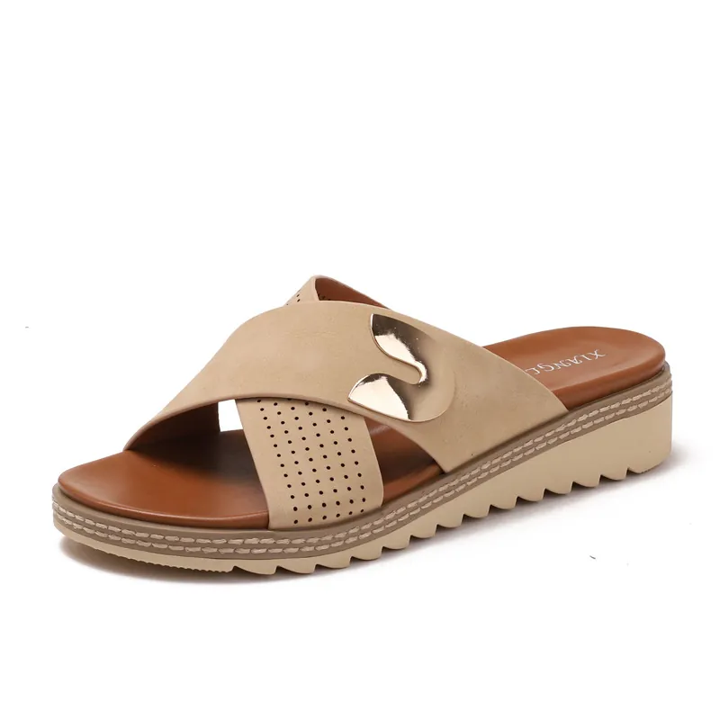 Women Bohemian Platform Wedge Sandals Cross Strap PU Leather Slippers With Metal Buckle Perforated Anti-Slip Beach Slides Fashion Casual Shoes
