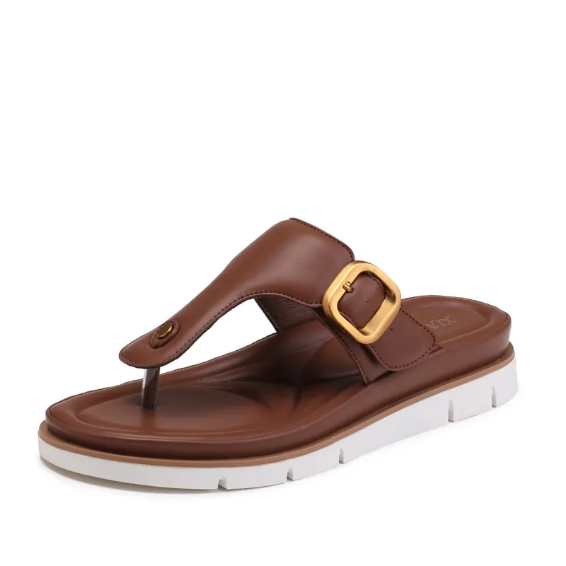 Women Casual Thong Sandals Platform Flip Flops Metal Buckle Thick Sole PU Leather Non-Slip Beach Vacation Shoes