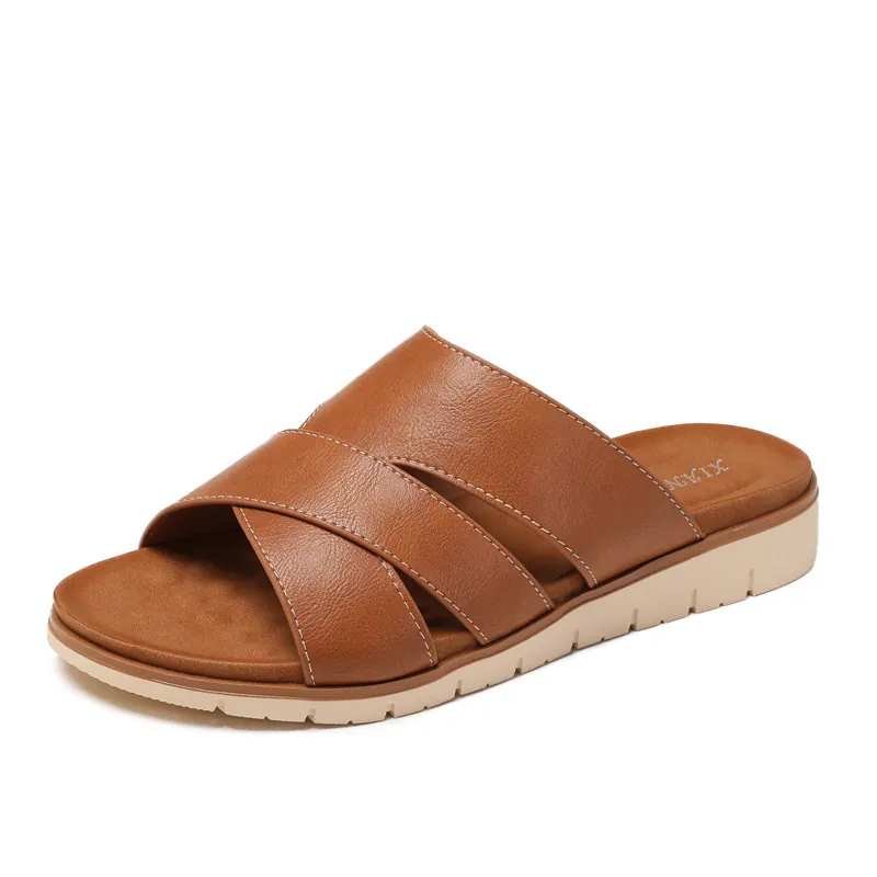Women's Casual Platform Slide Sandals PU Leather Cross Strap Slippers Minimalist Roman Style Non-Slip Summer Beach Shoes For Women