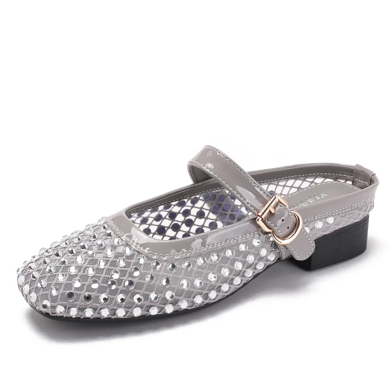 Mules Mary Jane en Maille pour Femmes Strass Sandales Bout Fermé Respirantes Avec Bride à Boucle en Métal Chaussures Basses Élégantes