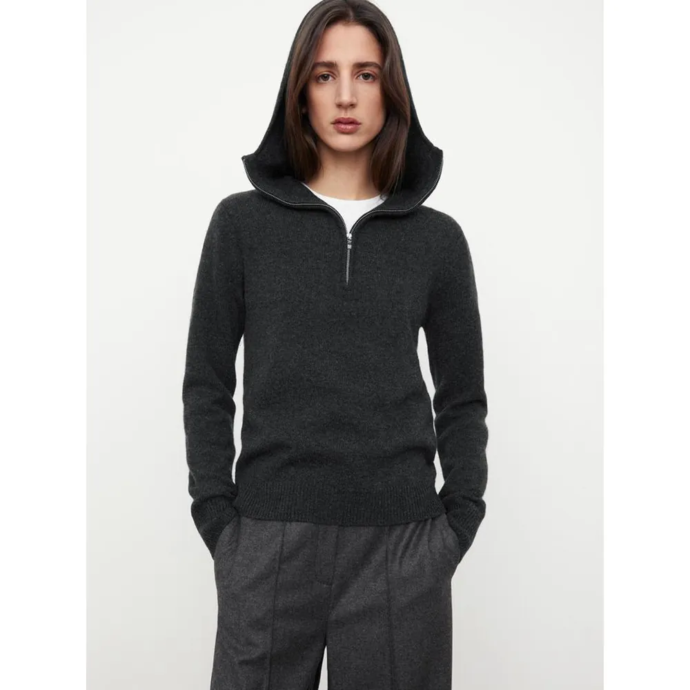 Nordic Minimalist Women Wool Hooded Sweater Half Zip Long Sleeve Knit Pullover Top Solid Color Dark Gray Winter Warm Knitwear