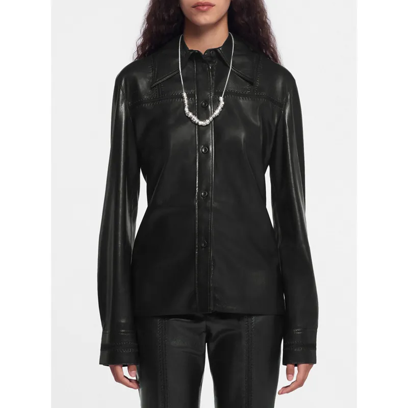 Women PU Leather Long Sleeve Shirt Button Down Lapel Solid Color Commuting Style Elegant Top For Daily Office Work Wear