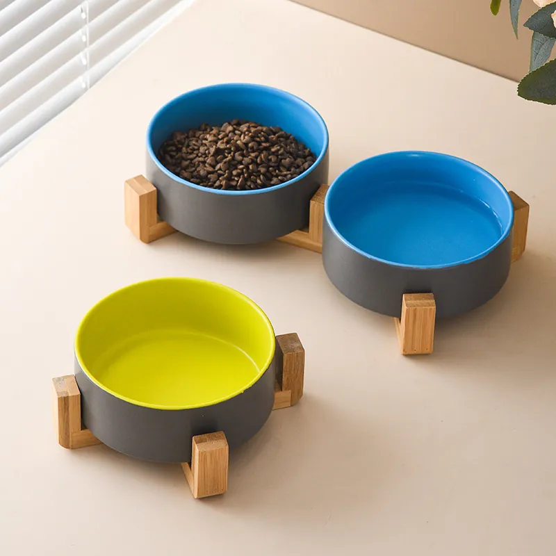 Elevated Ceramic Cat Bowl With Wood Stand Spine Protection Non Slip Pet Food Water Feeder Modern Two Bowls Dish For Dogs