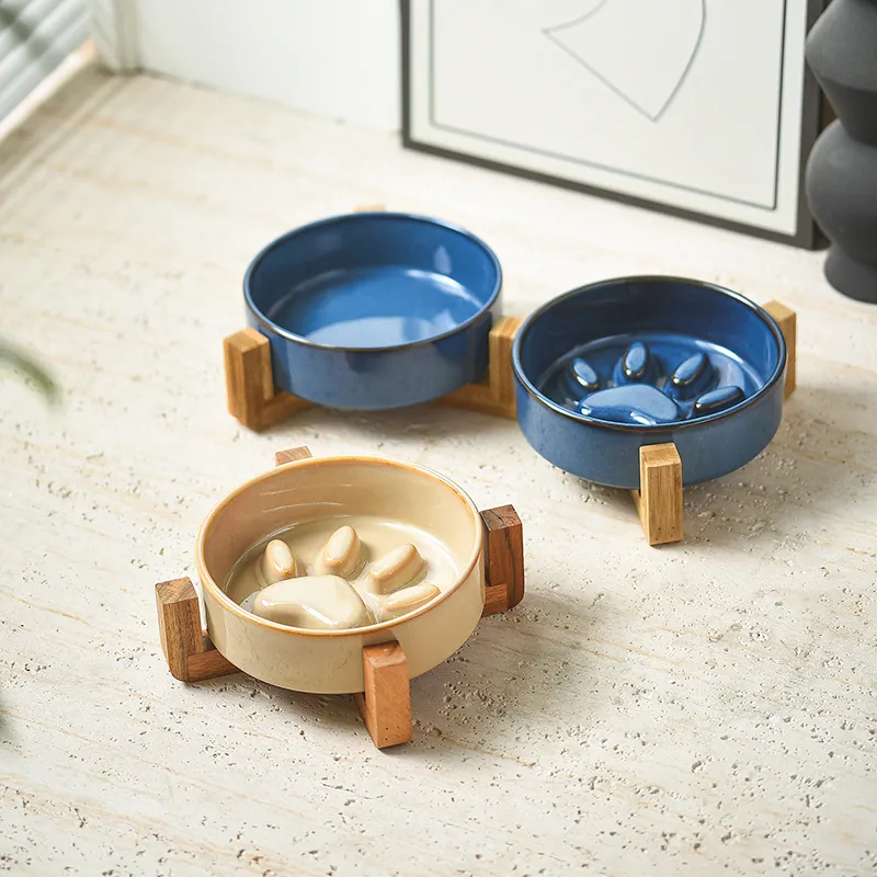 Japanischer Keramik Haustiernapf Ofenglasur Slow Feeder Anti-Verschlucken Hund Katze Futternapf Mit Erhöhtem Holzständer