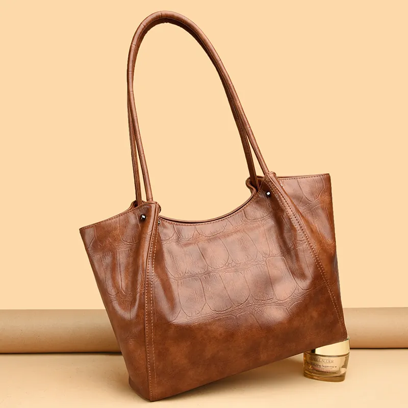 Women Large Capacity Tote Bag Crocodile Pattern Composite Cowhide Leather Shoulder Handbag Commuter Office Bag Elegant Pleated Solid Color Purse