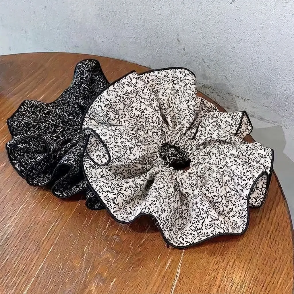 Oversized Floral Chiffon Scrunchies Double Layer Elastic Hair Tie With Black Edging Korean Style Fabric Ponytail Holder For Women