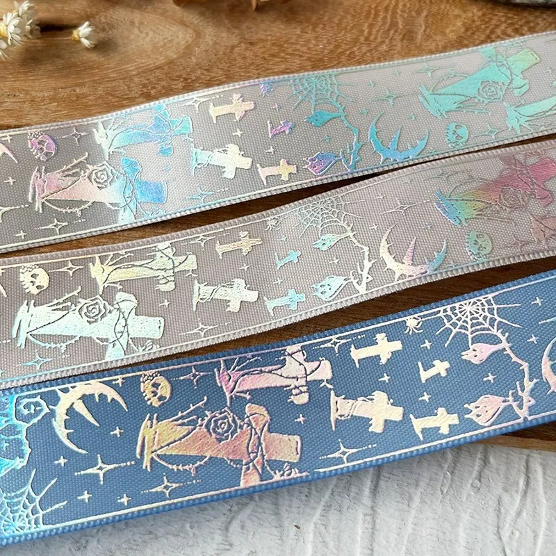 Gothic Holographic Cross Ribbon For Halloween DIY Crafts Gift Wrapping Spiderweb Skeleton Pattern Polyester Satin Ribbon Decorative