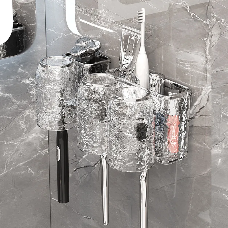 Zahnbürstenhalter Wandmontage Kunststoff Wasserwelle Transparente Becher Badezimmer Aufbewahrungsregal Ohne Bohren Luxus