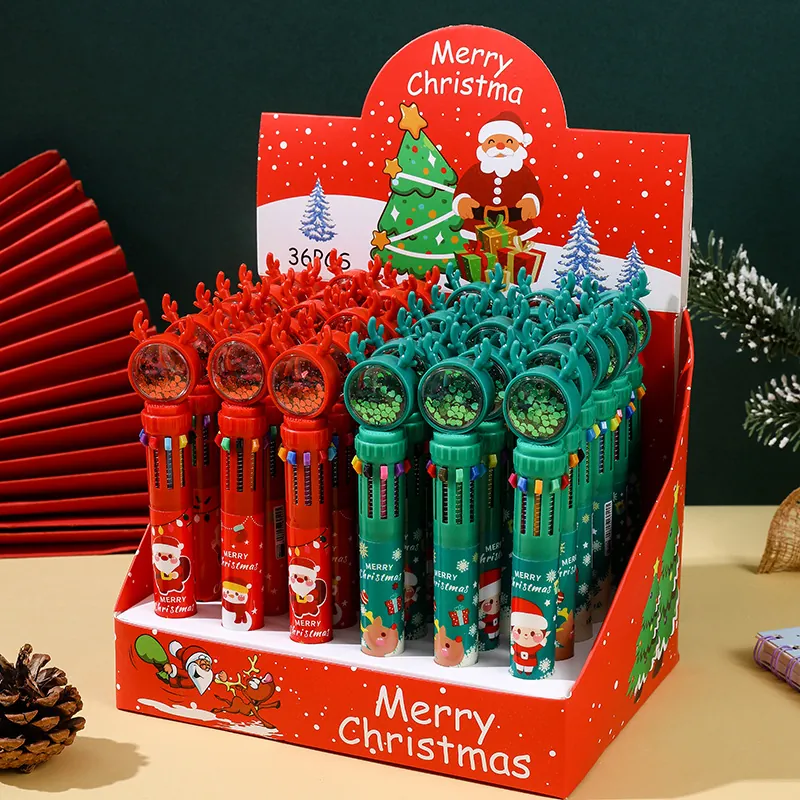 Christmas Multicolor Retractable Ballpoint Pen Cute Santa Snowman Reindeer Pattern With Sequins Cartoon Stationery Writing Pen Gift For Kids Students