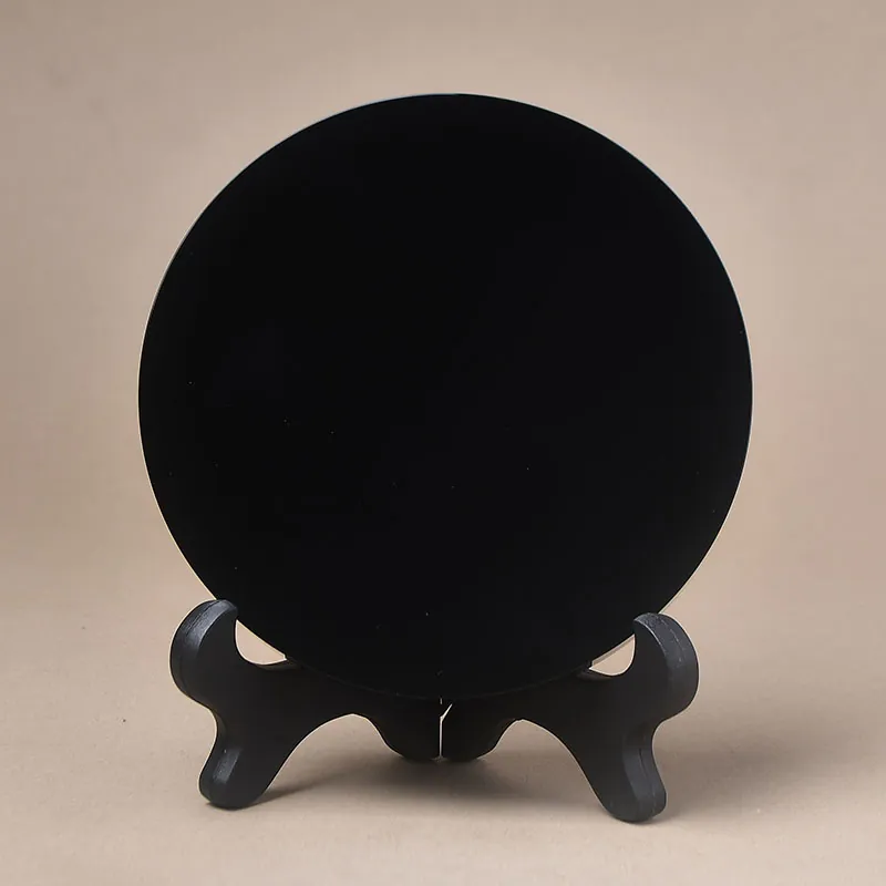 Black Glass Obsidian Look Round Ornament With Stand Polished Decorative Mirror Plate For Home Office Desktop Decoration