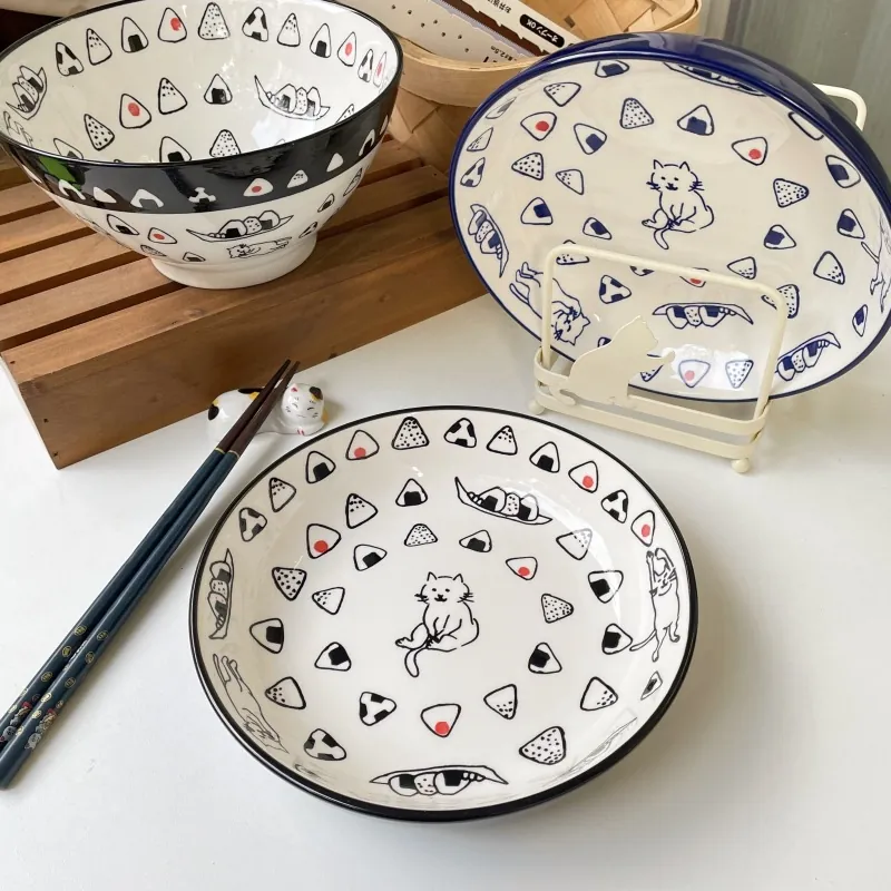 Japanese Style Ceramic Deep Plate Cute Cat Onigiri Underglaze Porcelain Round Dinner Plate Microwave Dishwasher Safe Tableware For Home