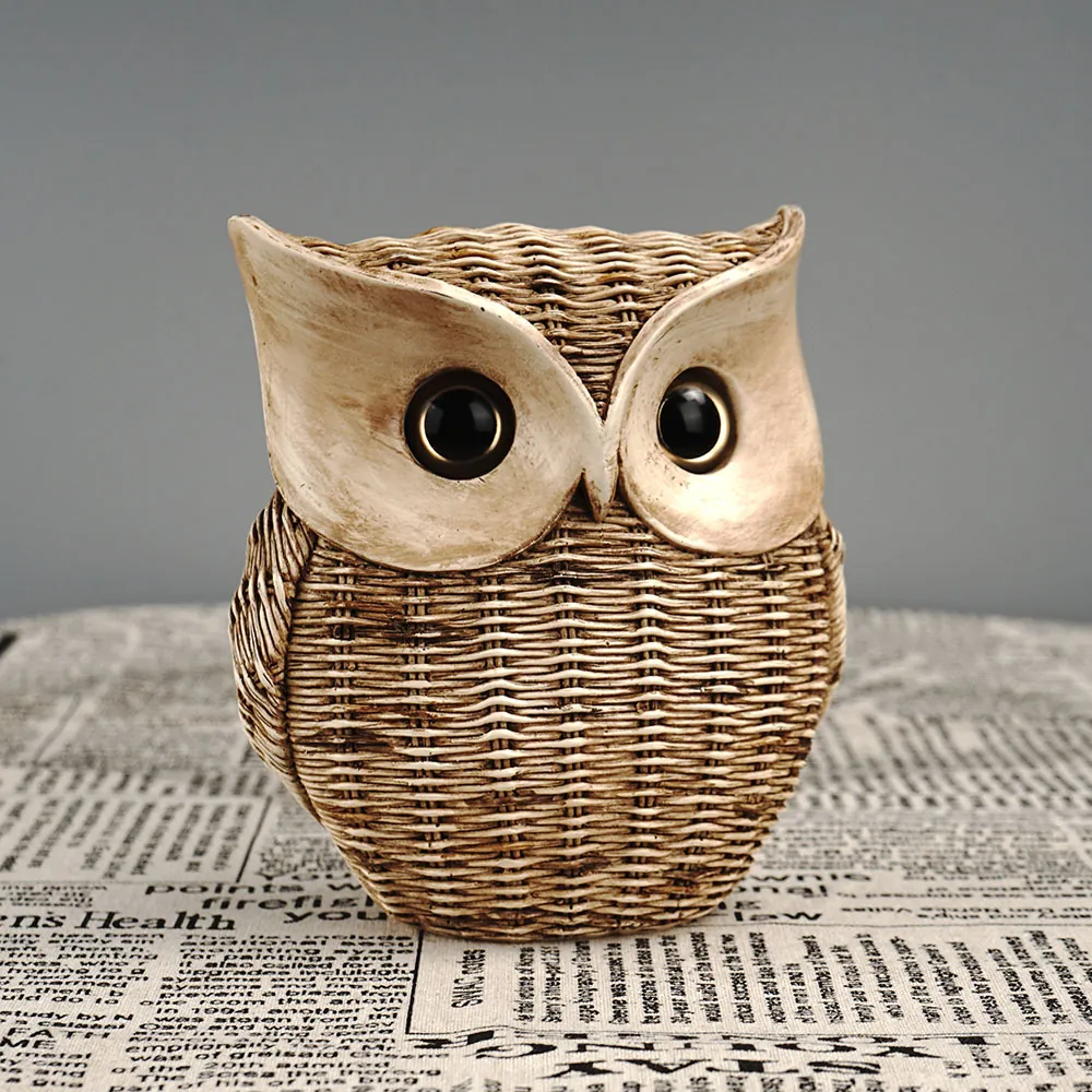 Retro Resin Owl Ornament With Imitation Woven Texture Decorative Animal Figurine For Home Office Bookshelf Desk Decor