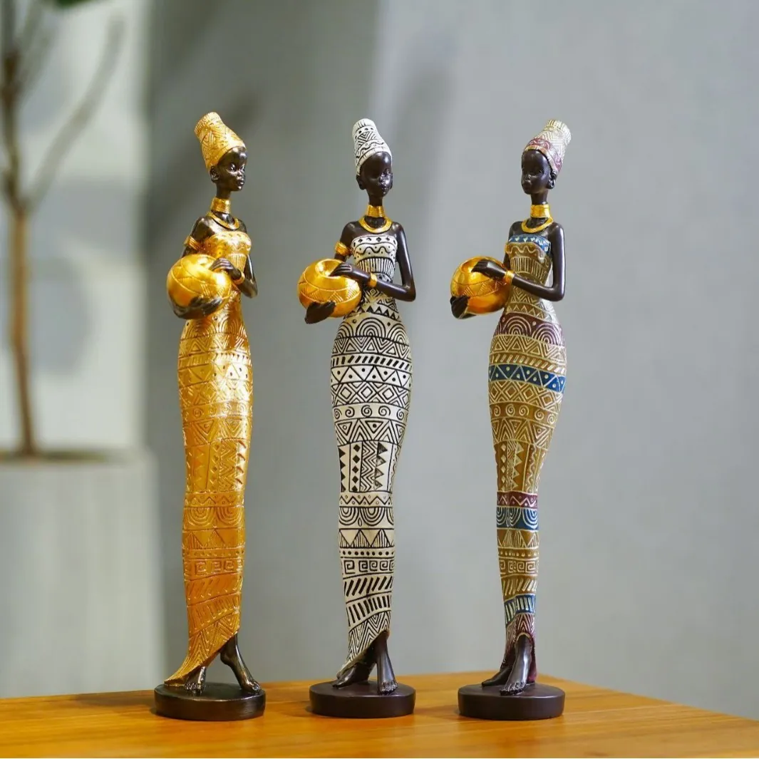 Figurines de Femmes Africaines Exotiques en Résine Statue de Dame Tribale Ornements de Décoration Intérieure Sculpture Etnique Cadeaux