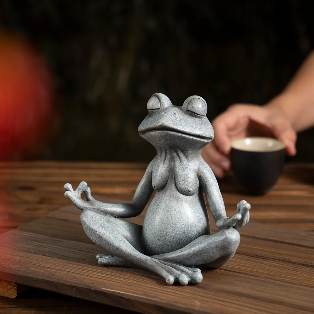 Zen Meditation Yoga Frog Statue Resin Garden Decoration Stone Look Sitting Frog Figurine For Outdoor Yard Home Desk Ornament