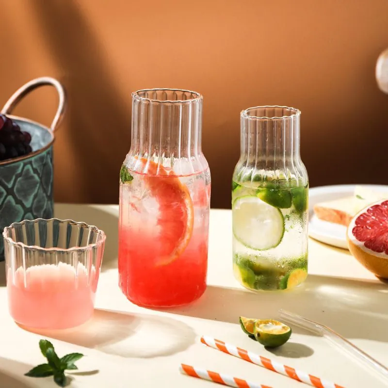 Ensemble Carafe Et Tasse En Verre Nervuré Résistant à La Chaleur Pichet à Eau En Verre Borosilicaté Avec Couvercle Pour Jus Lait Thé Aux Fleurs Style Japonais Maison Bureau