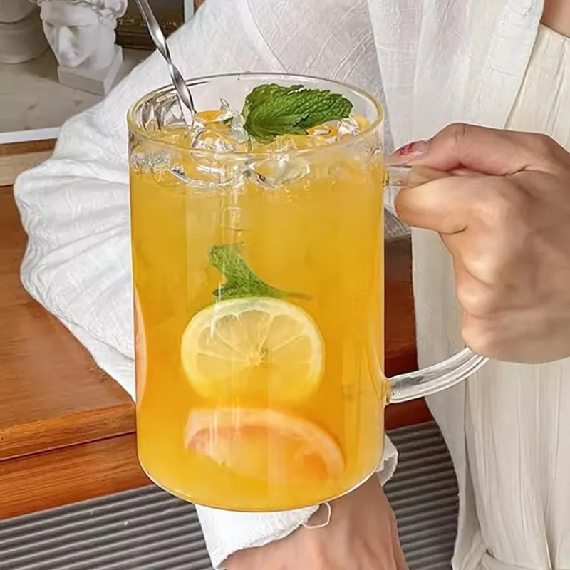 Large Capacity Borosilicate Glass Cup With Handle Clear Fruit Tea Cup For Juice Bubble Water Cold Drink Restaurant Home Glassware