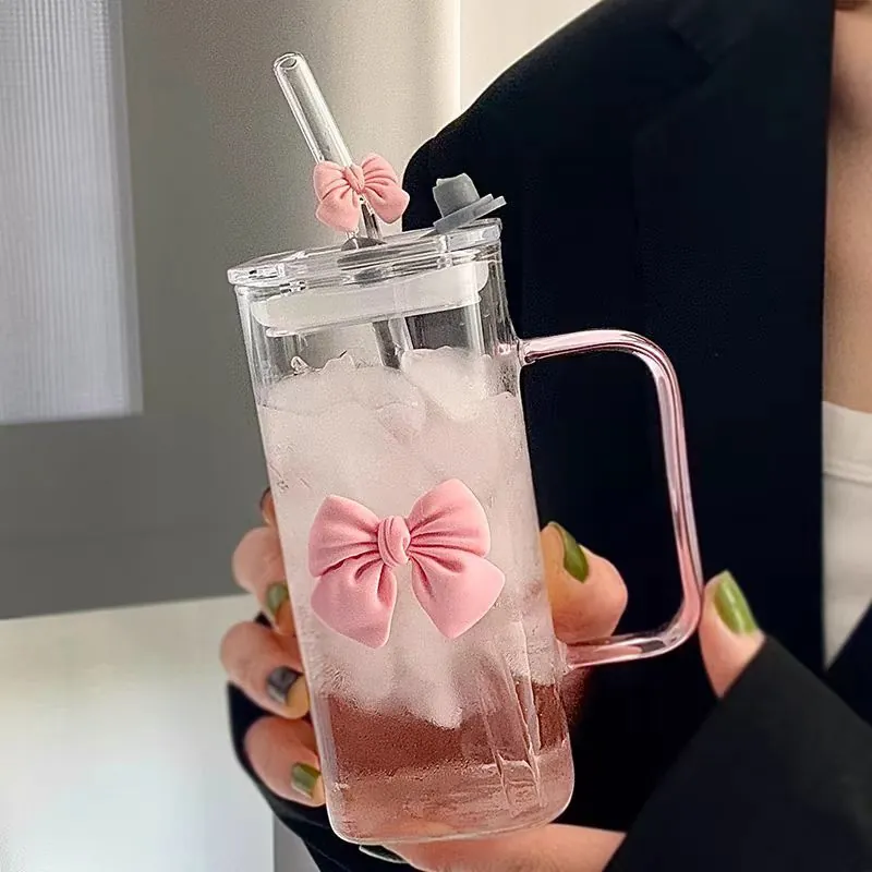 Bouteille d'Eau en Verre Borosilicaté Avec Nœud Rose Poignée Couvercle Paille Carré Clair Verre Pour Femmes Bureau Quotidien