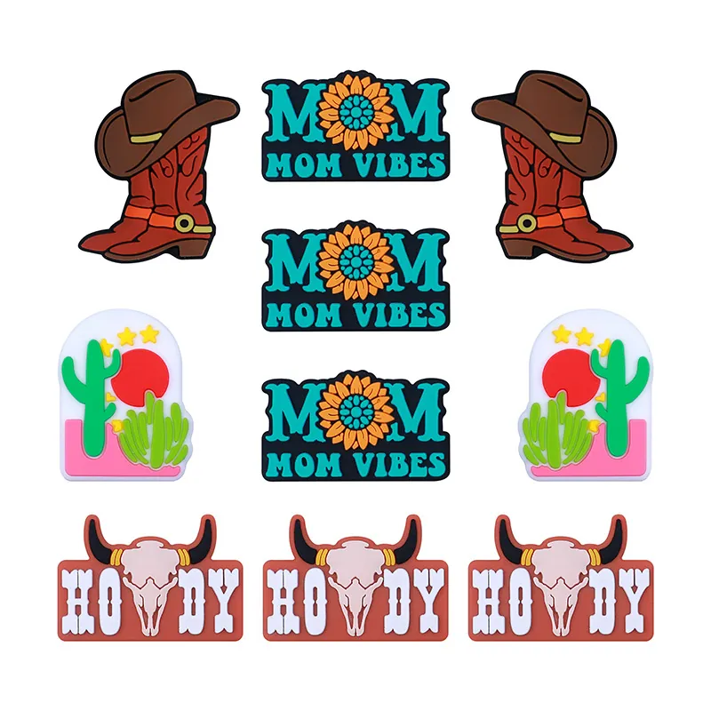 Western Cowboy Silicone Shoe Charms Bull Head Boots Sunflower Mom Vibes Cactus Pattern DIY Clogs Decoration Accessories